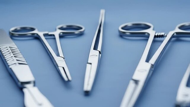 Surgical Instruments Close-up - Medical Tools, Sterile Equipment, and Healthcare Gear on Blue