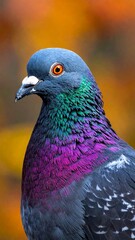 Fototapeta premium A close-up portrait of a pigeon, showcasing its iridescent neck feathers and orange eye, set against a blurred autumn background