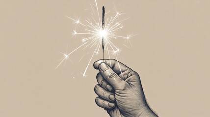Detailed ink sketch of a human hand holding a brightly burning sparkler firework