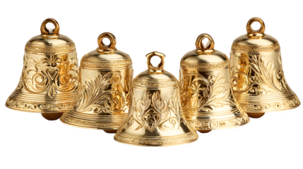 Elegant Set of Six Golden Bells with Intricate Floral Engravings  isolated on white background