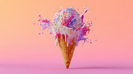 An ice cream cone topped with bright colorful scoops is in mid splash. The vibrant sprinkles fly around creating an exciting effect on a soft pink background.