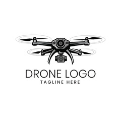 Detailed silhouette of a multi-rotor drone flying, representing technology, delivery, or photography Vector logo template