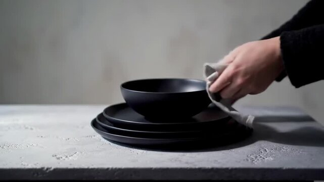 Hand arranging dark modern dinnerware set on textured surface with soft lighting