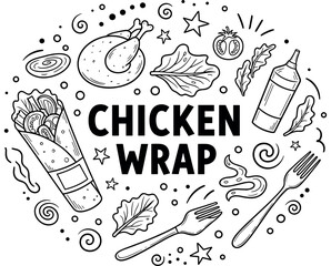 Naklejka premium Black and white chicken wrap design with vegetables and kitchen utensils