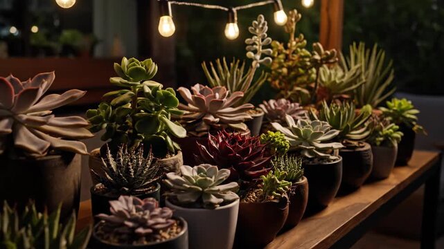 Succulent plant collection on a table under string lights at night