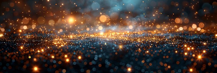 Naklejka premium Panoramic Abstract Background of Glowing Particles and Bokeh Lights