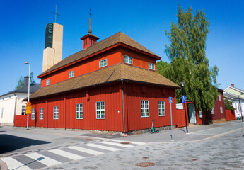 Impressive building of the oldest secular urban wooden schoolhouse in Finland in Kokkola
