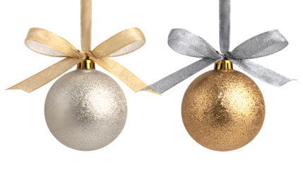 Sophisticated Silver and Gold Christmas Ornaments with Matching Bows isolated on white background