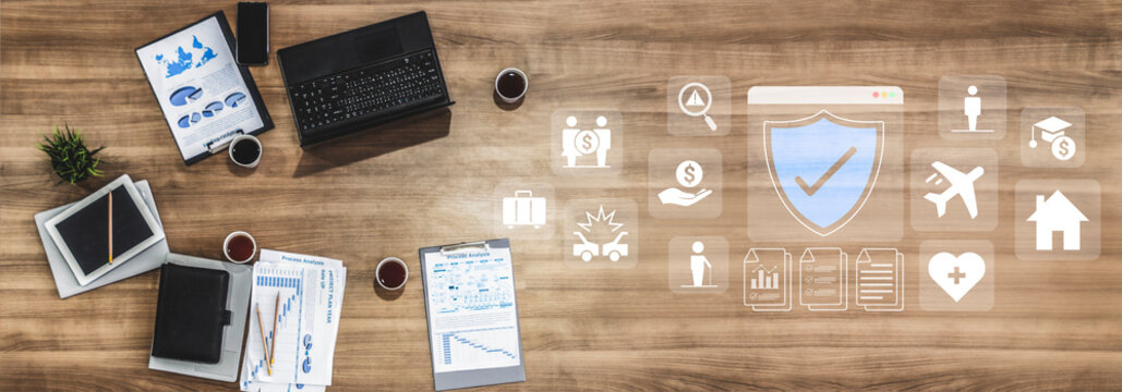 Various insurance icons like travel, health, home, and car protection connected to a central blue shield icon Parse