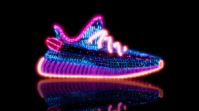 Glowing pink and blue neon line Fitness pixelated sneaker shoes for training, running icon isolated on black background. Crypto Punk Digital Sneaker. Sport shoes. Stock Illustration