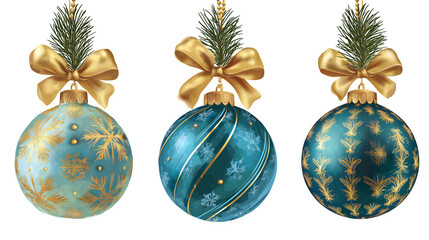 Elegant Trio of Blue Christmas Ornaments with Gold Bows and Patterns  isolated on white background