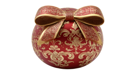 Luxurious Red Damask Christmas Ornament Adorned with a Gold Bow isolated on white background