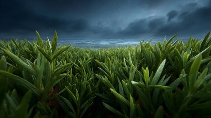 Lush green sea grass in the foreground with the ocean and a dramatic stormy starlit twilight sky above