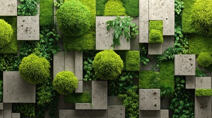 Modern concrete wall texture with vibrant green plants and lush moss elements, showcasing contemporary biophilic design.