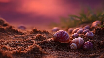 Close up of spiral snail shells resting on a sandy beach during a vibrant hazy sunset evoking a serene and tranquil atmosphere