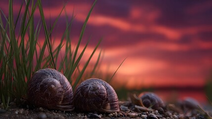 Two snail shells rest on a pebble shore beside grass as a dramatic crimson sunset paints the sky over a calm body of water