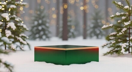 Festive green display pedestal in snowy winter forest with sparkling lights for holiday product promotions and Christmas campaigns