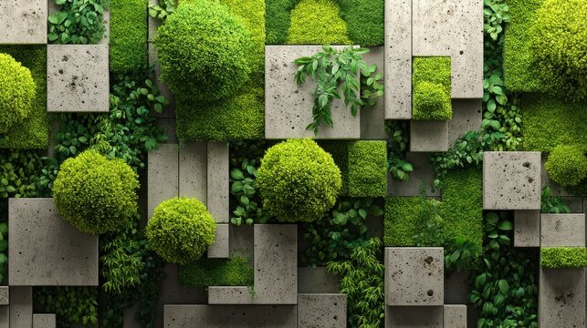 Modern concrete wall texture with vibrant green plants and lush moss elements, showcasing contemporary biophilic design.