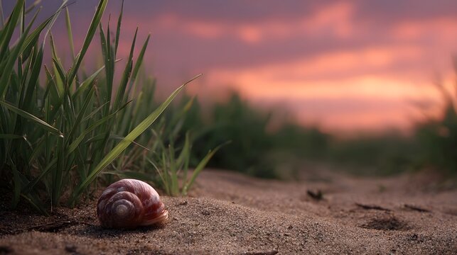 An empty snail shell rests on sand with grass and a colorful sunset sky