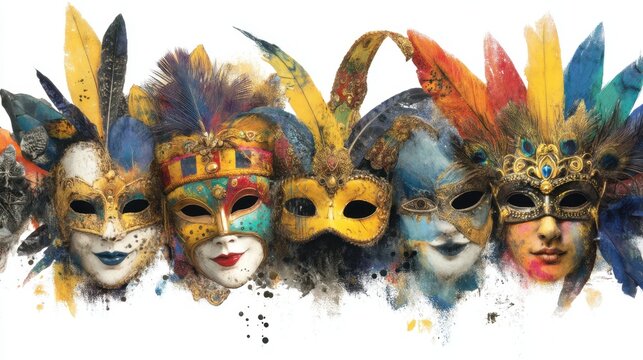 A collection of vibrant masks with intricate designs and feathers adorn the display at a cultural festival. These masks showcase artistic craftsmanship and cultural heritage.