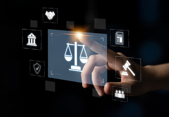 Legal compliance and governance concept showing justice scale, courthouse, contract, policy, agreement, rule, and protection of rights in legal or business environment Latch