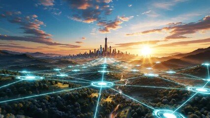 Futuristic city skyline connected by glowing network at sunset landscape - Powered by Adobe