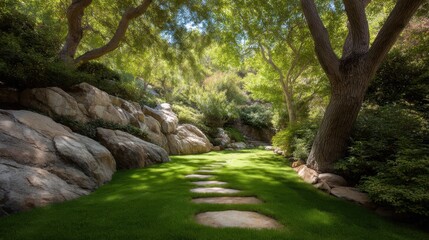 Serene Garden Pathway Surrounded by Lush Greenery and Natural Stones, Inviting Tranquility and Peaceful Escapes in Vibrant Outdoor Landscape Scene