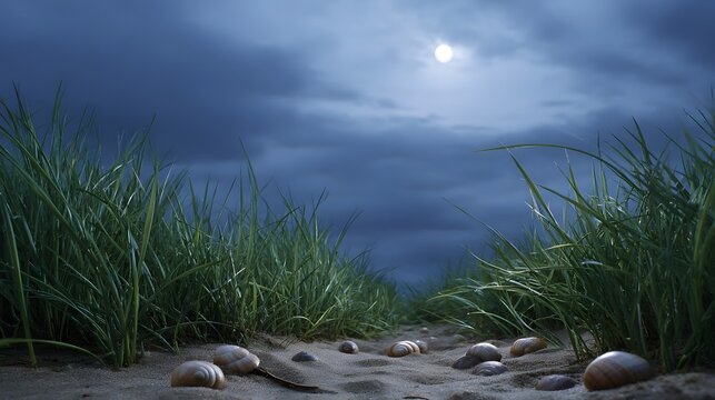 Moonlit sandy path through coastal grass with seashells under a cloudy night sky