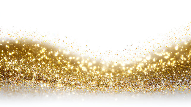 Gold shine sparkle glitter wave light particles on a white background. Golden glowing dust texture with bright luxury glow, radiant luminous holiday magic celebration overlay Stock Illustration