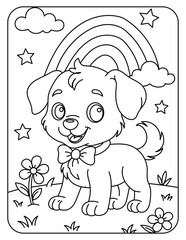 Cute Puppy with Rainbow Coloring Page — Dog in Flower Field Under Sky | Kids Printable Line Art