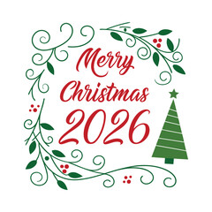 Merry Christmas 2026 Greeting Card with Decorative Floral Frame and Christmas Tree