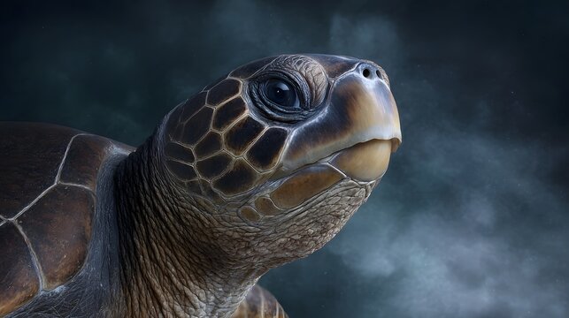 A detailed close up portrait of a majestic ancient sea turtle s head with intricate shell patterns set against a dark misty ocean background