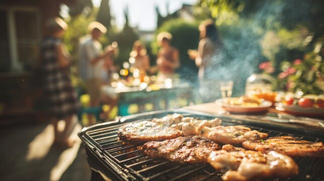 In a sunny backyard friends gather around a grill enjoying a lively barbecue. Delicious meat sizzles on the grill as laughter and conversation fill the air creating a joyful atmosphere. - Powered by Adobe