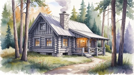 Detailed mixed media artwork of a cozy log cabin in an autumn forest