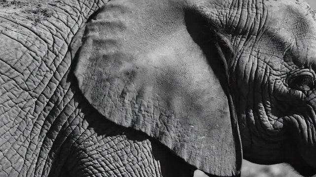 Close up view of elephant skin texture and ear with dramatic shadow and light