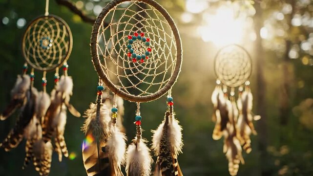 Handcrafted dream catcher ornaments swaying gently outdoors with natural sunlight