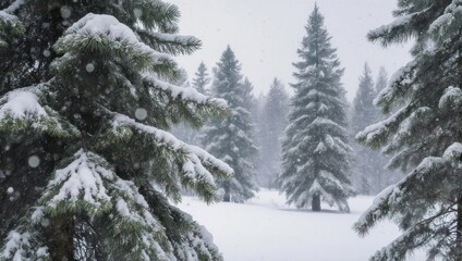 Naklejka premium Snow-covered evergreen trees in a serene winter forest landscape.
