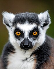 Fototapeta premium A close-up portrait of a ring-tailed lemur showcases its expressive face, detailed fur, and striking orange eyes. The backdrop is blurred