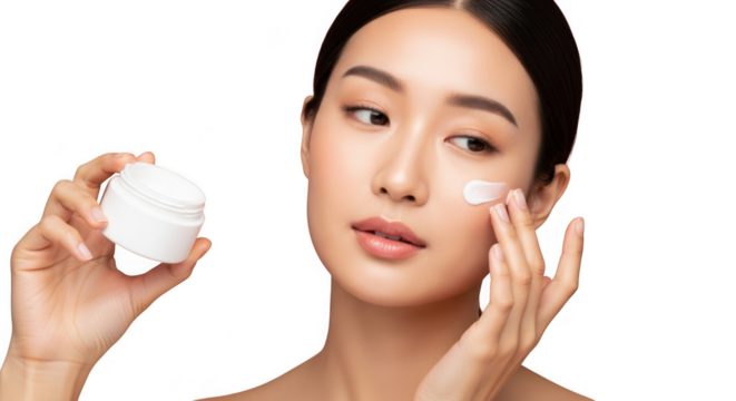 Woman applying skincare cream to her face while holding a jar of cream isolated on transparent background