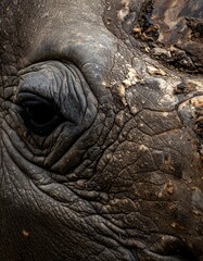 A close-up portrait of a rhino's eye and weathered skin, displaying intricate textures and details. The eye appears dark and focused