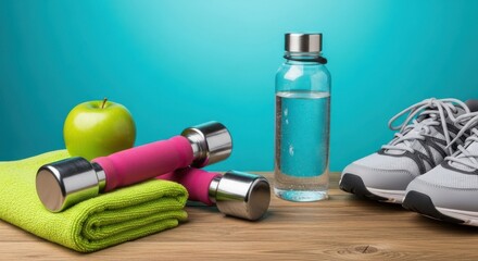 Fitness essentials: apple, dumbbells, water, and shoes