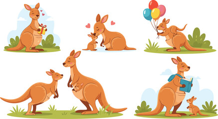 Joyful Kangaroo Moments_ Family Bonding, Playful Learning, Gift Giving, Balloon Fun, Parental Love, Outdoor Adventures, Wholesome Wildlife, Cartoon Charm