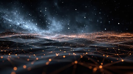 Abstract digital data network grid with glowing particles and lines flowing across a futuristic cyber landscape