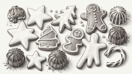 Detailed pencil drawing study of various frosted christmas cookies and chocolates