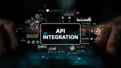 Abstract representation of API integration concepts with data visualization and futuristic technology elements. Asymptotic smart data analytic.