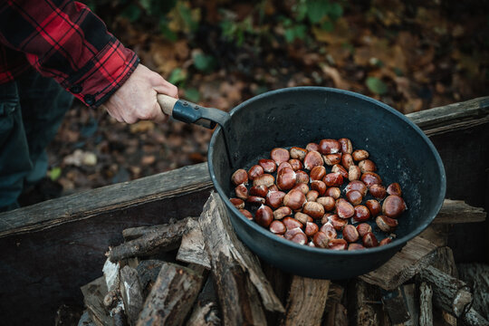 Maronen &uuml;ber offenem Feuer drau&szlig;en r&ouml;sten
