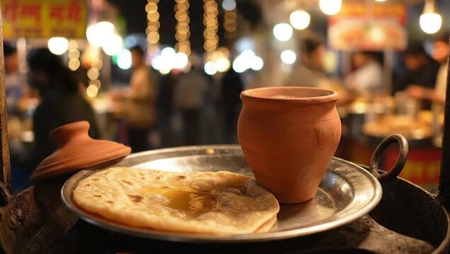 Chai and Paratha at a Lively Market: A close-up shot focuses on a steaming cup of chai in a traditional clay pot and a golden paratha, served on a metal plate.