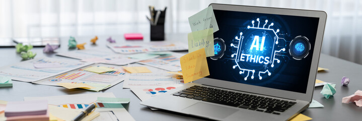AI ethics responsibility standard law and rules on computer screen provide report of AI ethic...