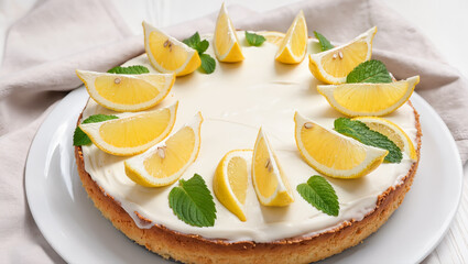 Homemade lemon cheesecake with cream topping, decorated with fresh lemon slices and mint leaves on white plate. Summer citrus dessert idea.