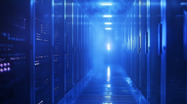 Mysterious corridor of a modern data center with blue lighting and fog effects